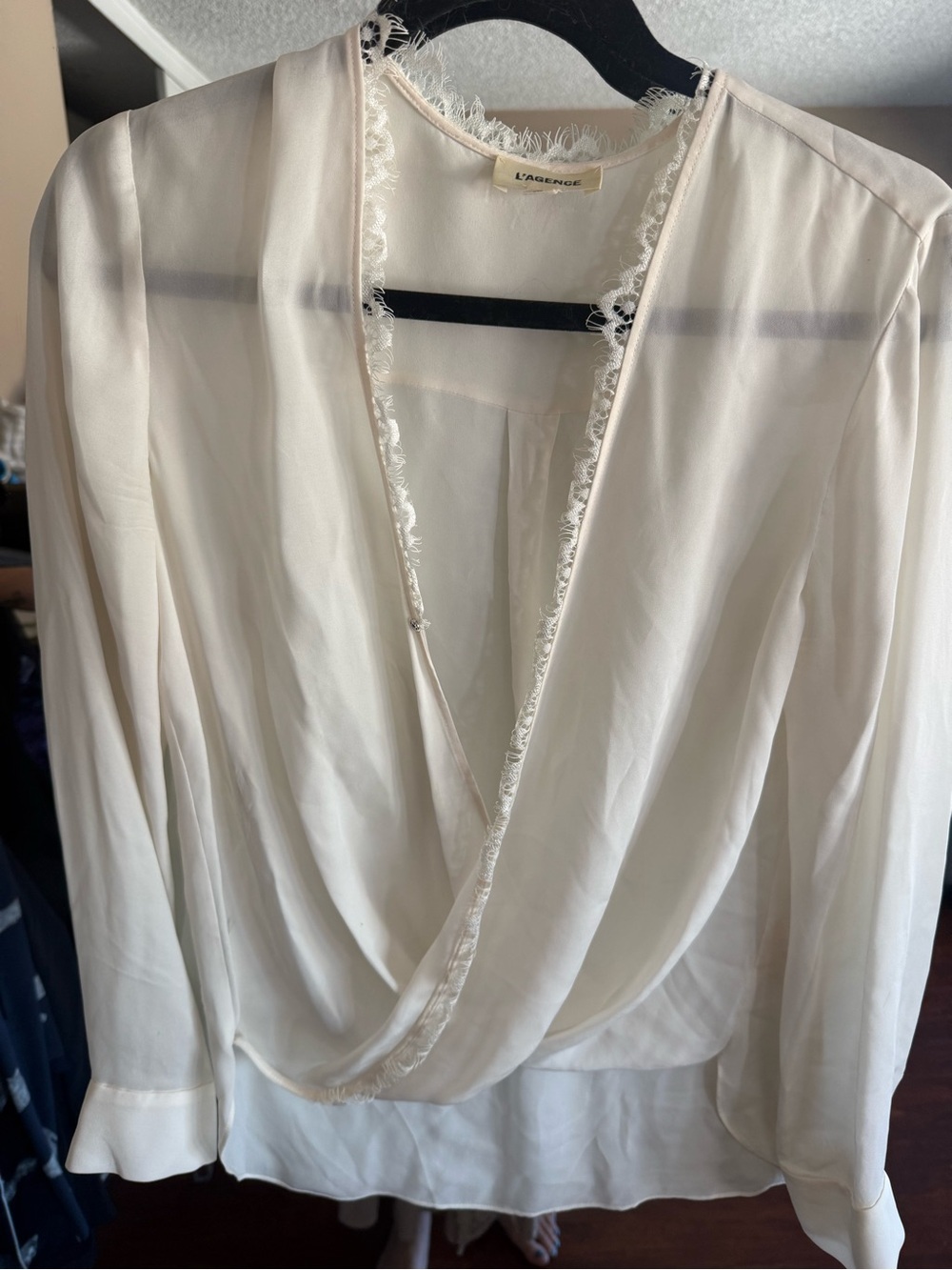 L'AGENCE Cream Lace-Trim Draped Wrap Blouse